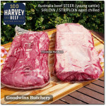 Beef Sirloin aged chilled Australia STEER young cattle HARVEY whole cuts +/- 5.5 kg/pc (price/kg) Striploin / New York Strip / Has Luar PREORDER 2-3 days notice